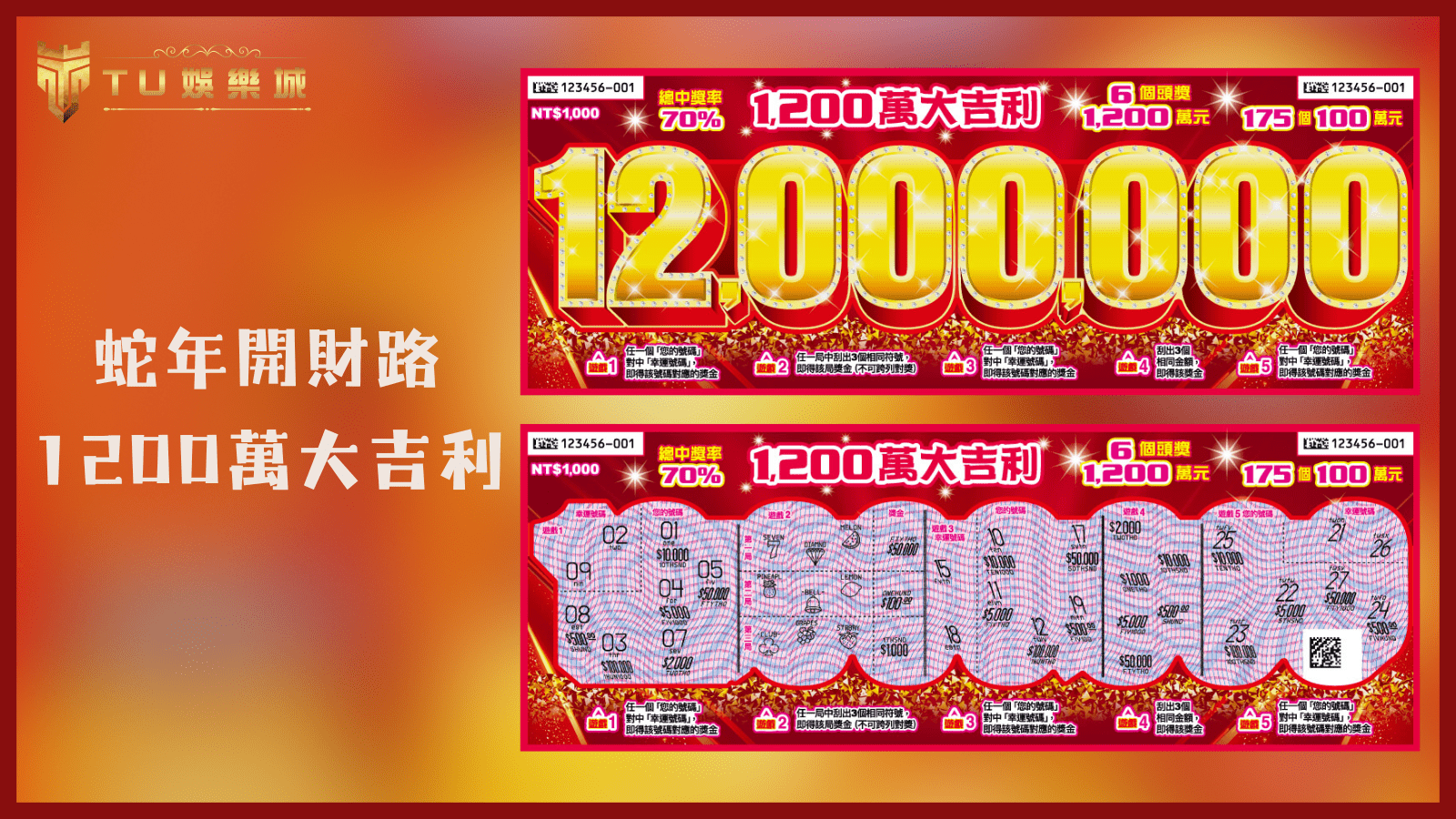 TU娛樂城2025刮刮樂推薦：蛇年開財路－1200萬大吉利刮刮樂