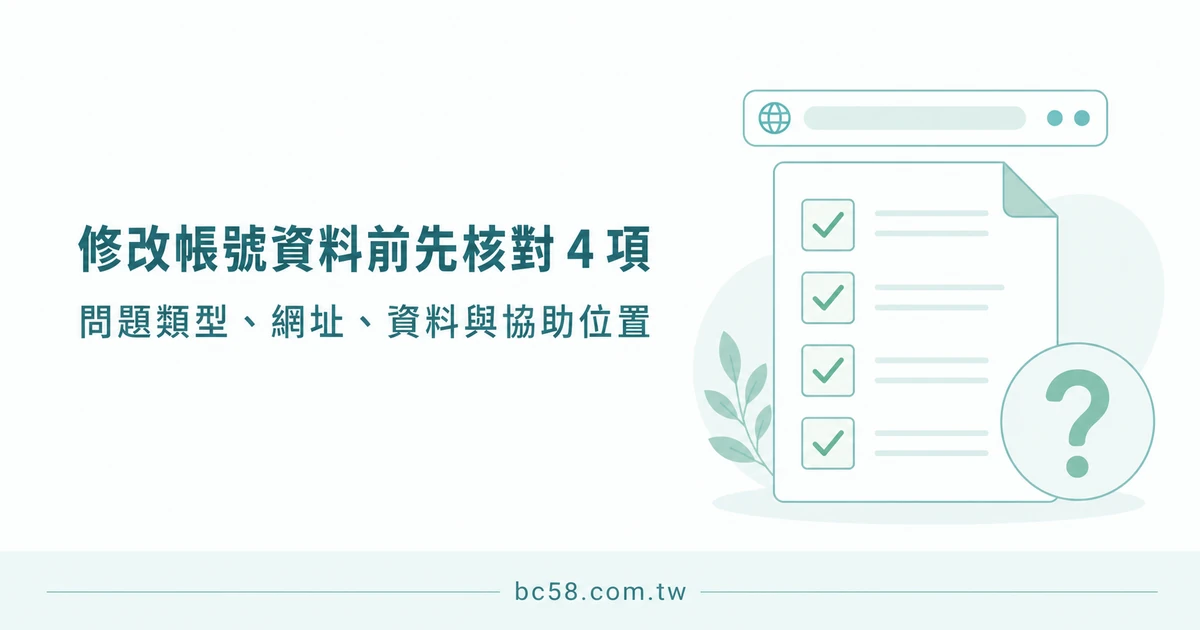 修改帳號資料前先核對四項的淺色資訊圖，包含問題類型、網址、資料與協助位置。