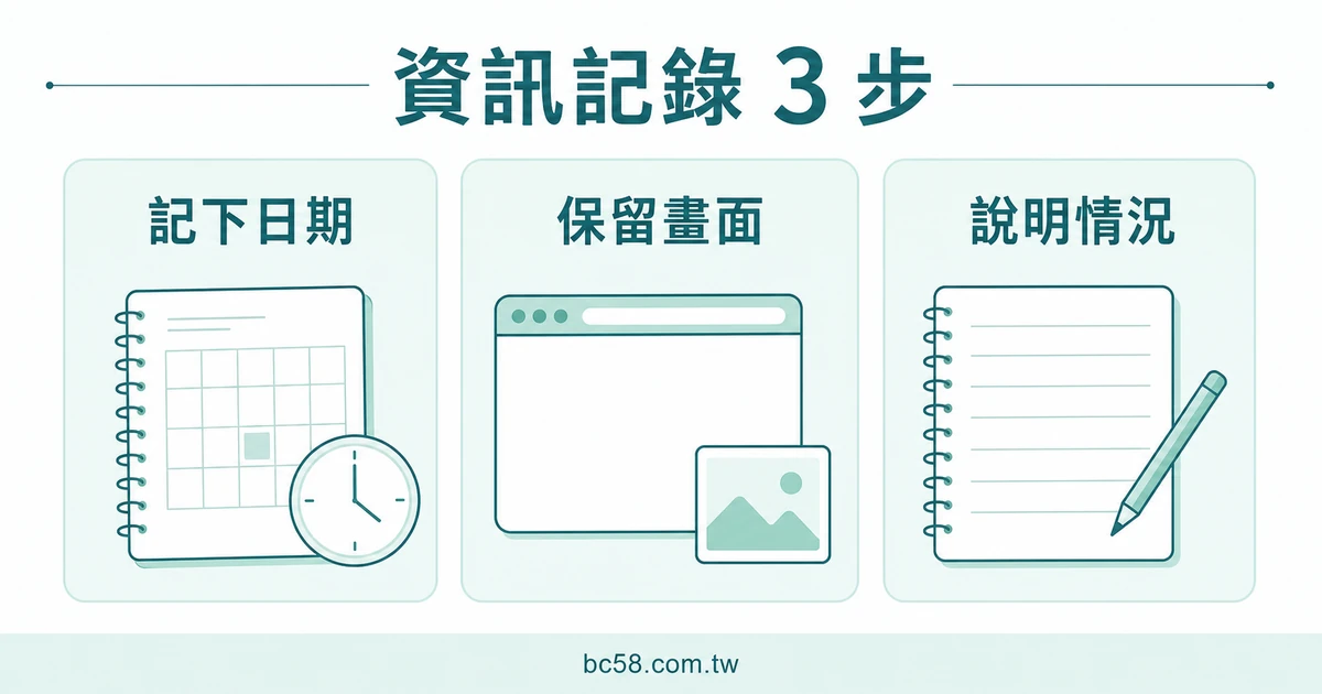 資訊記錄三步的淺色資訊圖,包含記下日期、保留畫面與說明情況。