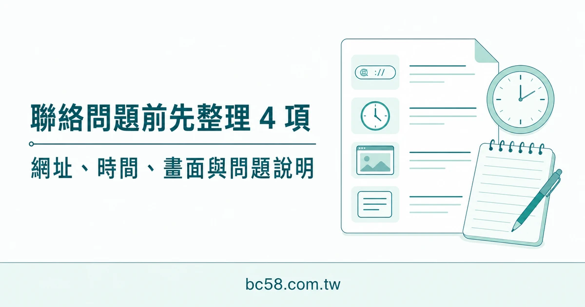 聯絡問題前先整理四項的淺色資訊圖,包含網址、時間、畫面與問題說明。