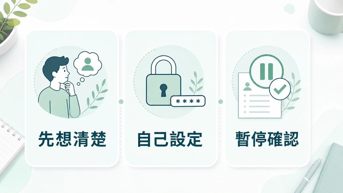 註冊前先想清楚、自己設定與暫停確認的三步判斷圖